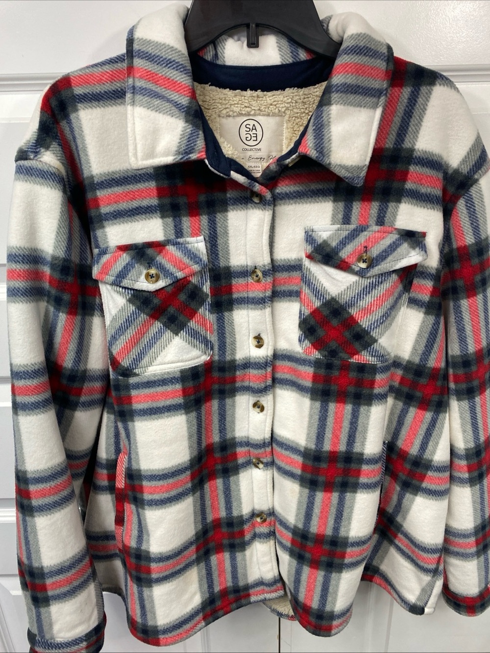 Sage Collective Plaid Fleece Faux Fur Lined Shacket Women XXL 2XL Red Beige Blue